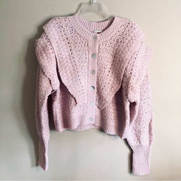 NEW FARM Rio Pink Flower Texture Knit Cardigan Sweater Button Ruffle Size L - Picture 7 of 16